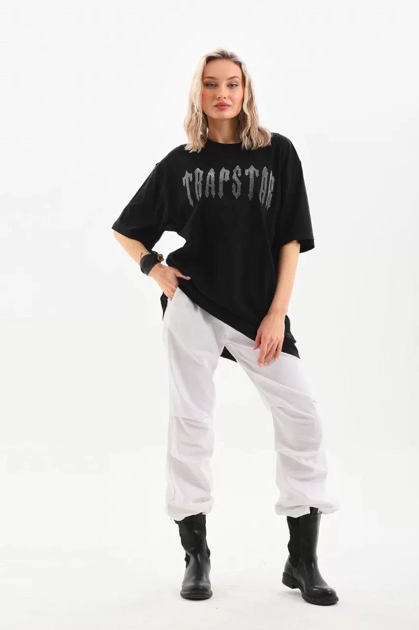 Unisex Taş Desenli Oversize T-Shirt - Siyah