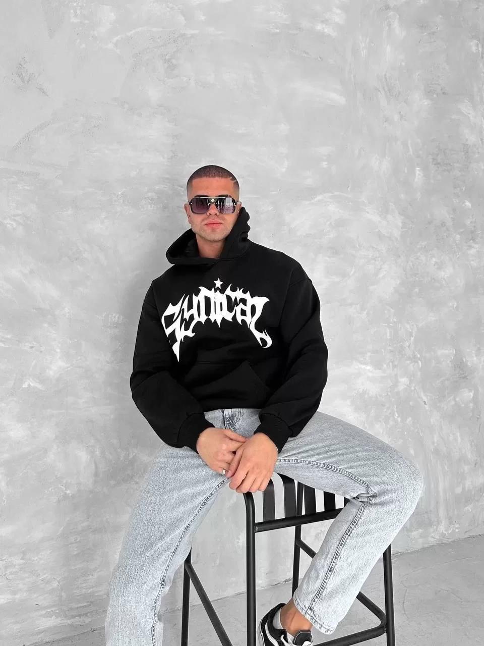 Unisex Üç İplik Kapüşonlu Baskılı SweatShirt - Siyah