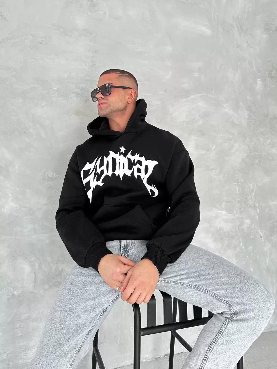 Unisex Üç İplik Kapüşonlu Baskılı SweatShirt - Siyah