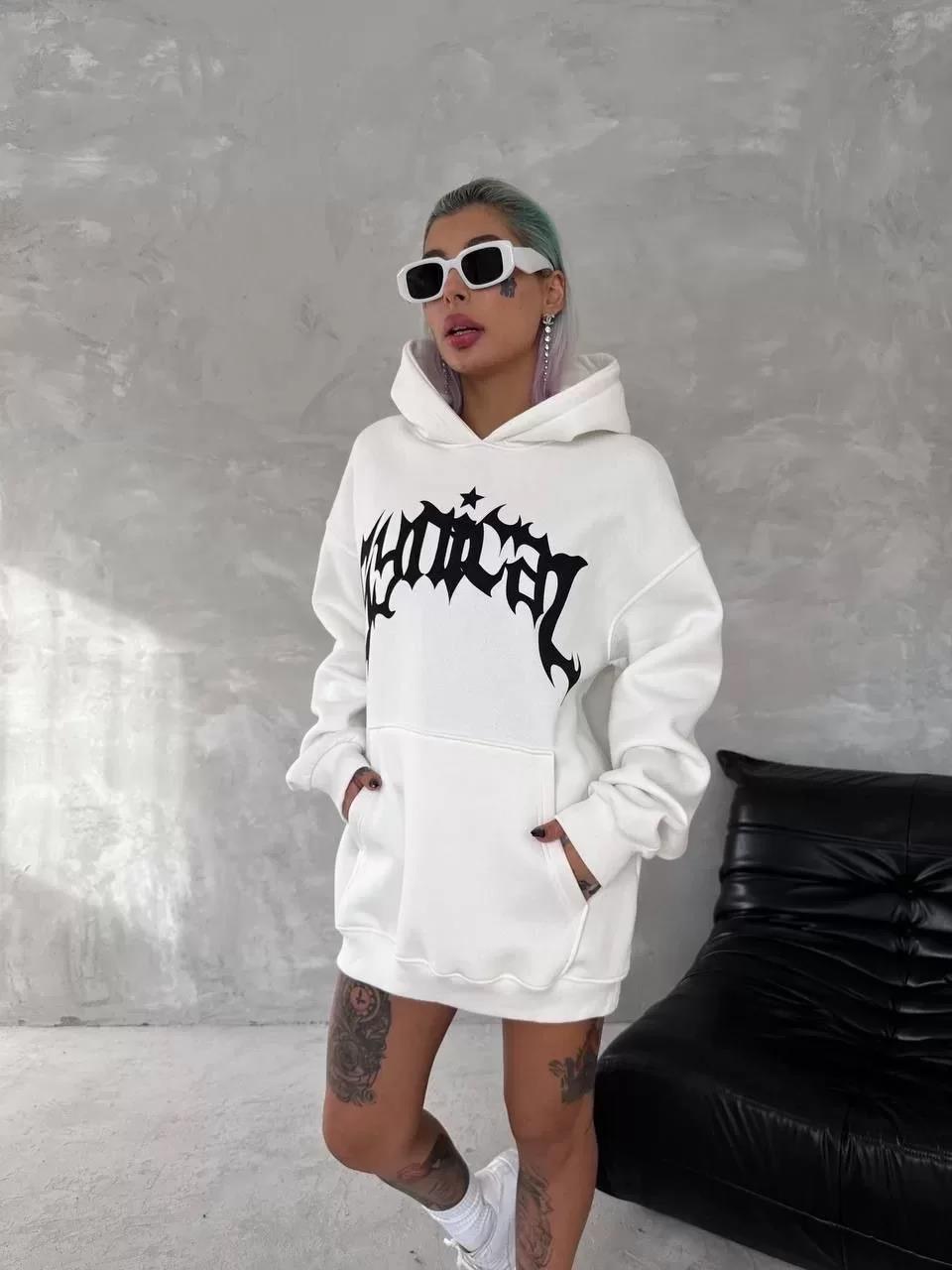Unisex Üç İplik Kapüşonlu Baskılı SweatShirt - Beyaz