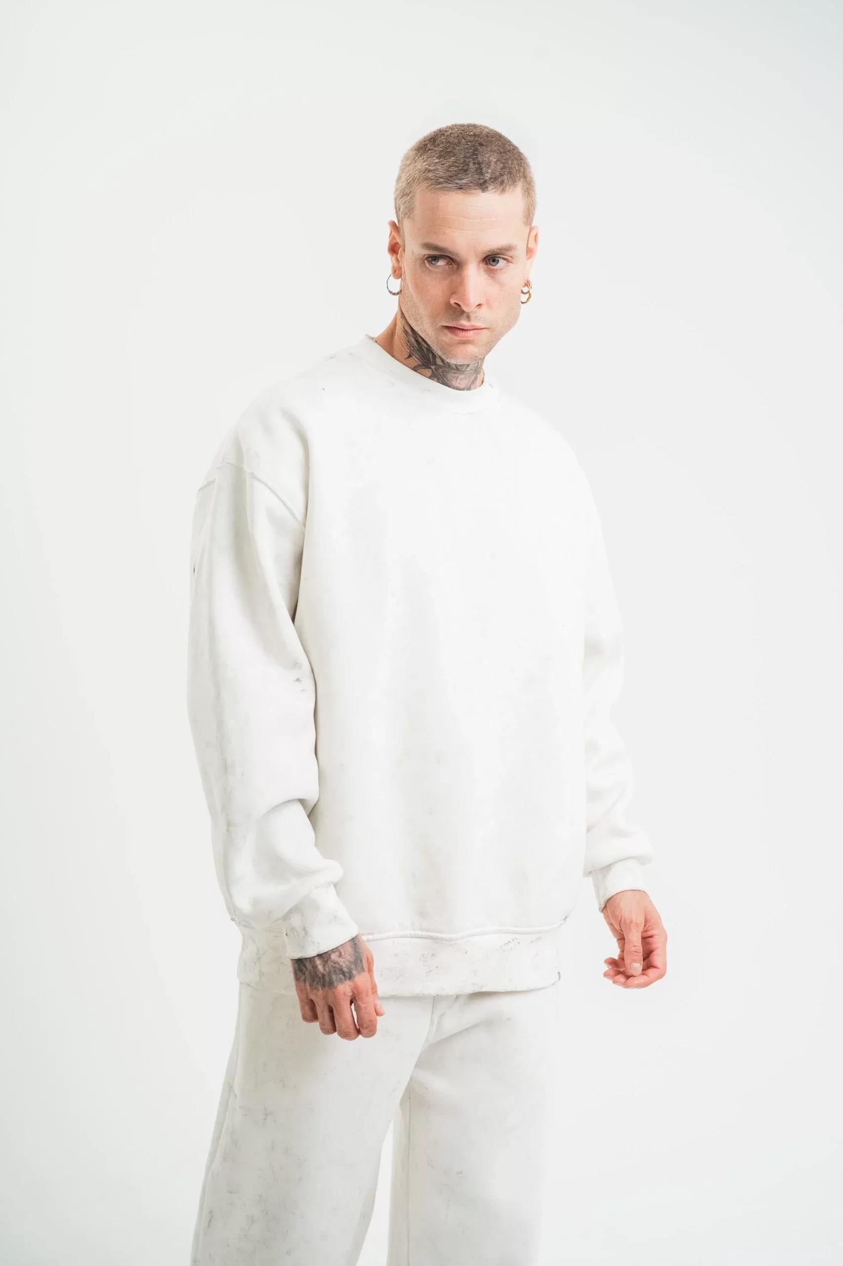 Unisex Uzun Kol Bisiklet Yaka Yıkamalı SweatShirt - Beyaz