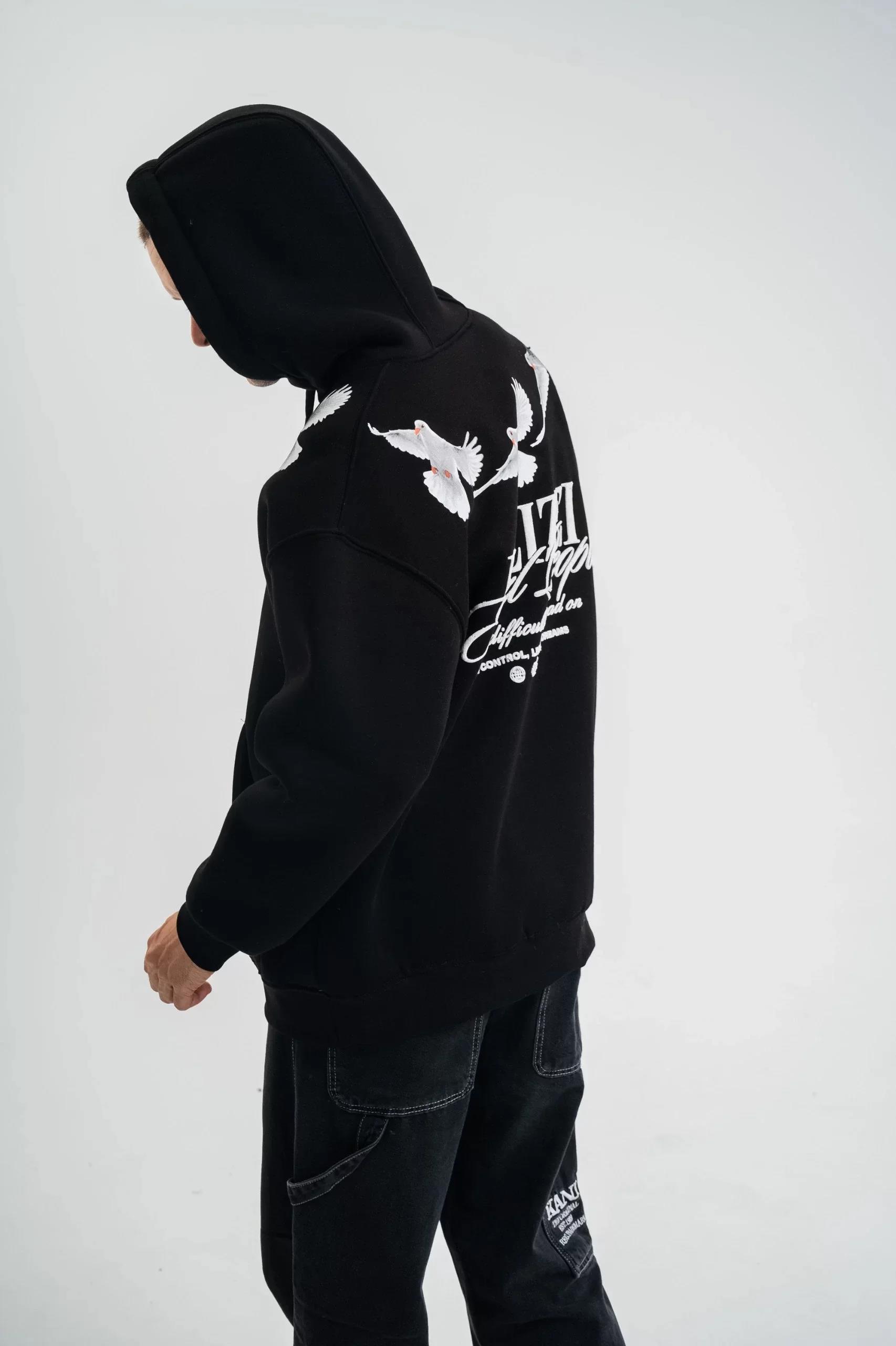 Unisex Uzun Kol Bisiklet Yaka Yıkamalı SweatShirt - Siyah