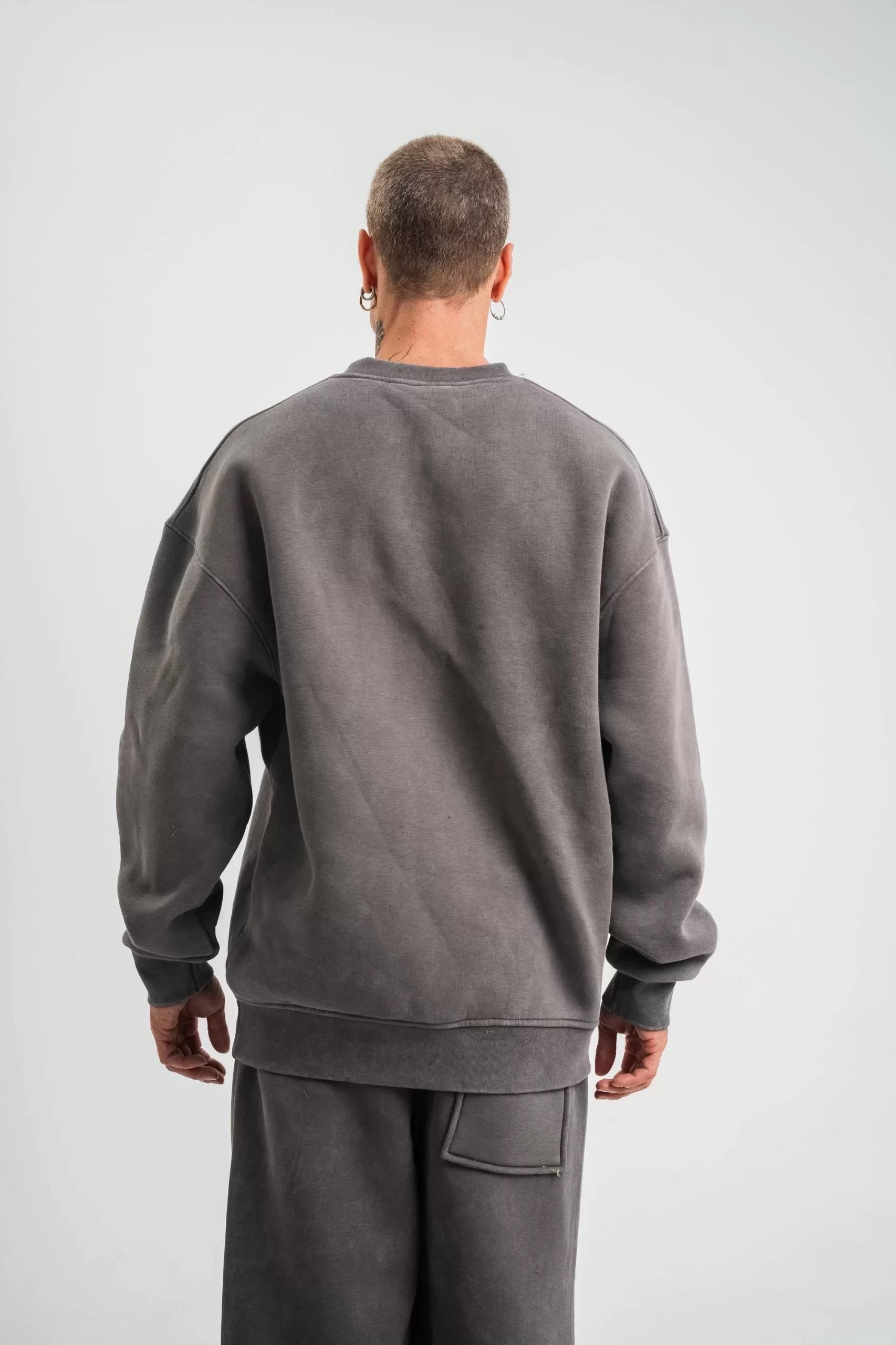 Unisex Uzun Kol Bisiklet Yaka Yıkamalı SweatShirt - Füme