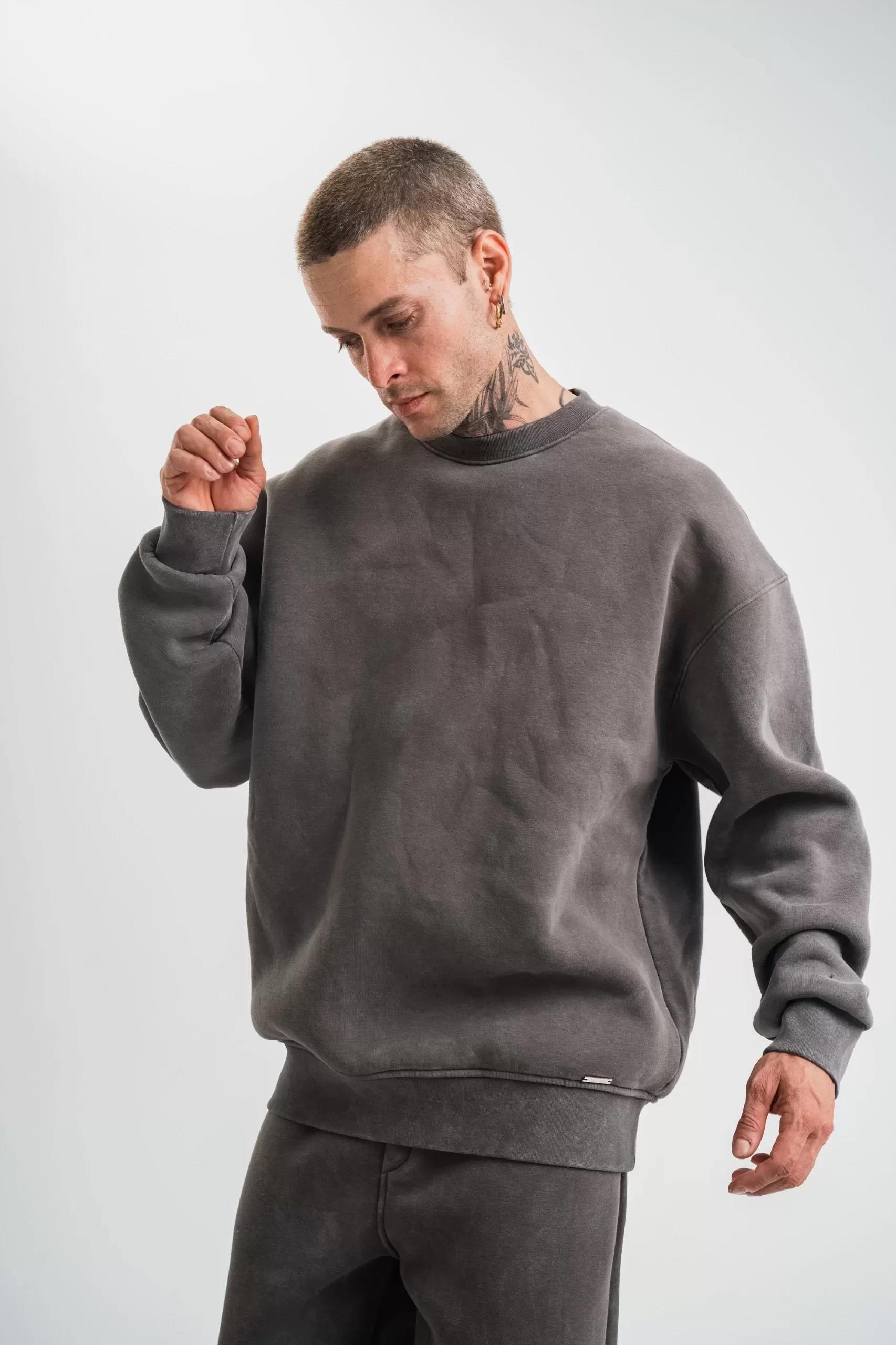 Unisex Uzun Kol Bisiklet Yaka Yıkamalı SweatShirt - Füme