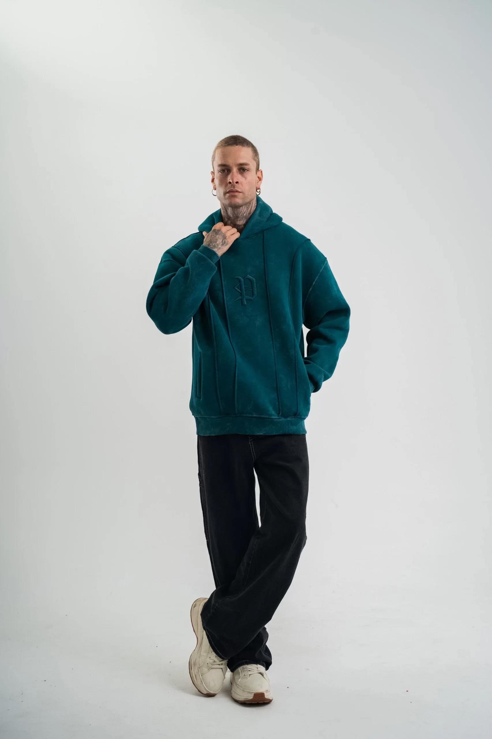 Unisex Uzun Kol Kapşonlu Yıkamalı Nakışlı SweatShirt - Koyu Deniz Yeşili