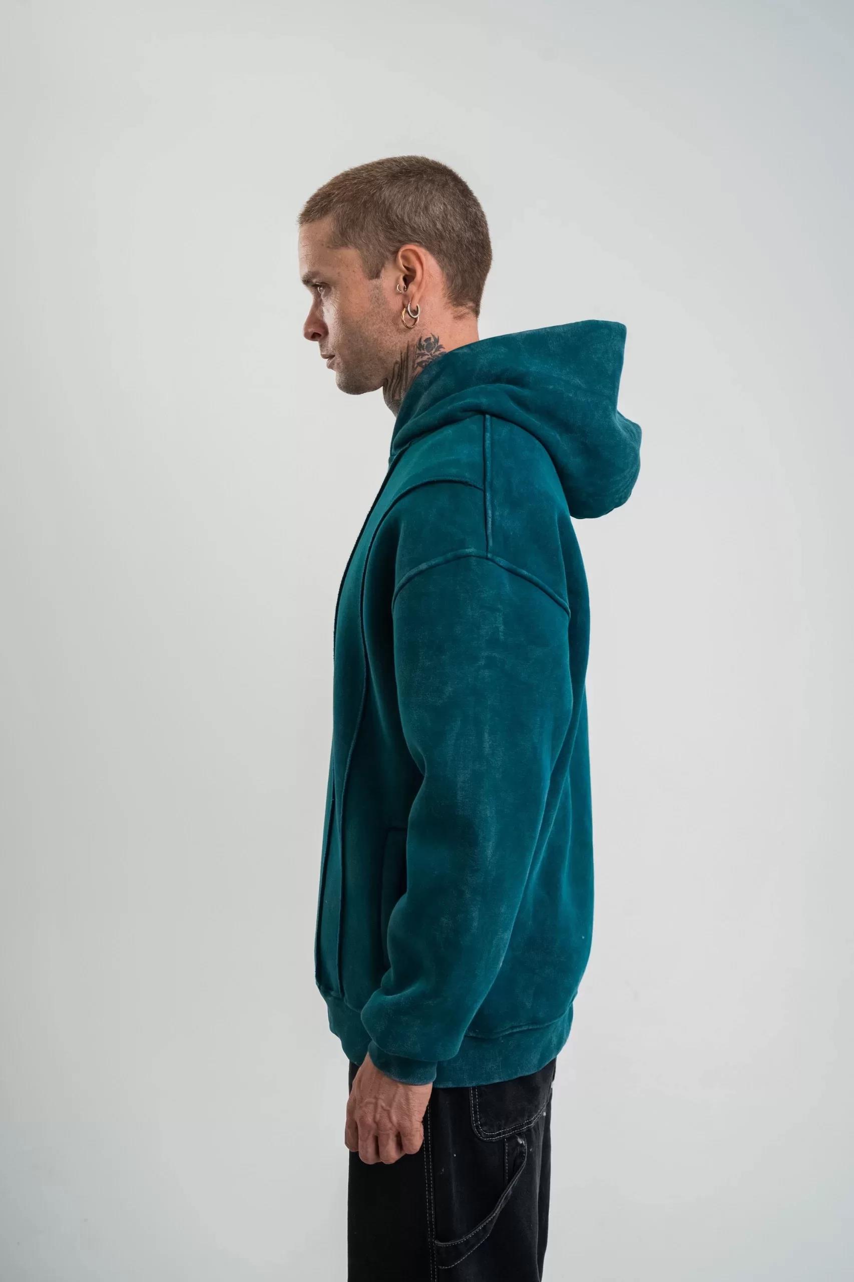 Unisex Uzun Kol Kapşonlu Yıkamalı Nakışlı SweatShirt - Koyu Deniz Yeşili