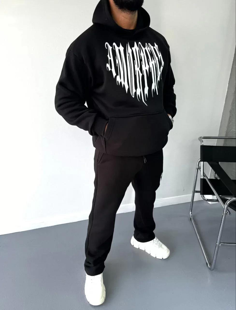 Uzun Kol Kapüşonlu Baskılı SweatShirt - Siyah