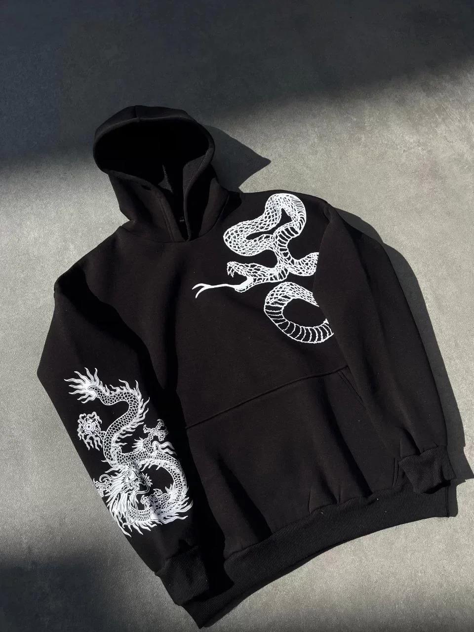Uzun Kol Kapüşonlu Baskılı SweatShirt - Siyah