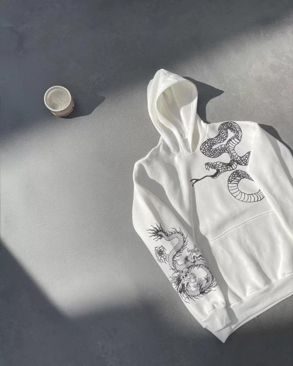 Uzun Kol Kapüşonlu Baskılı SweatShirt - Beyaz