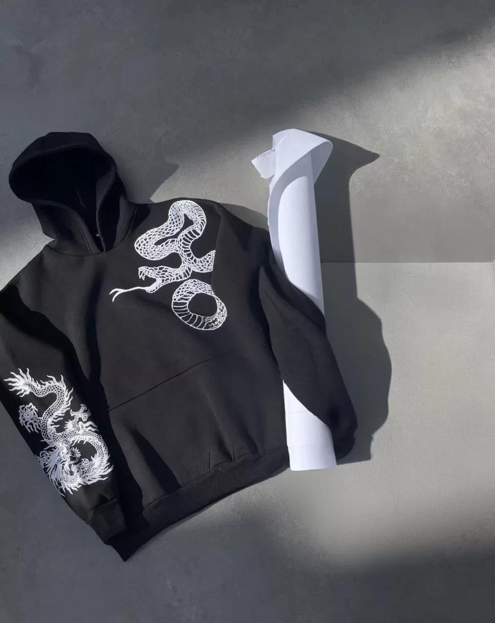Uzun Kol Kapüşonlu Baskılı SweatShirt - Siyah
