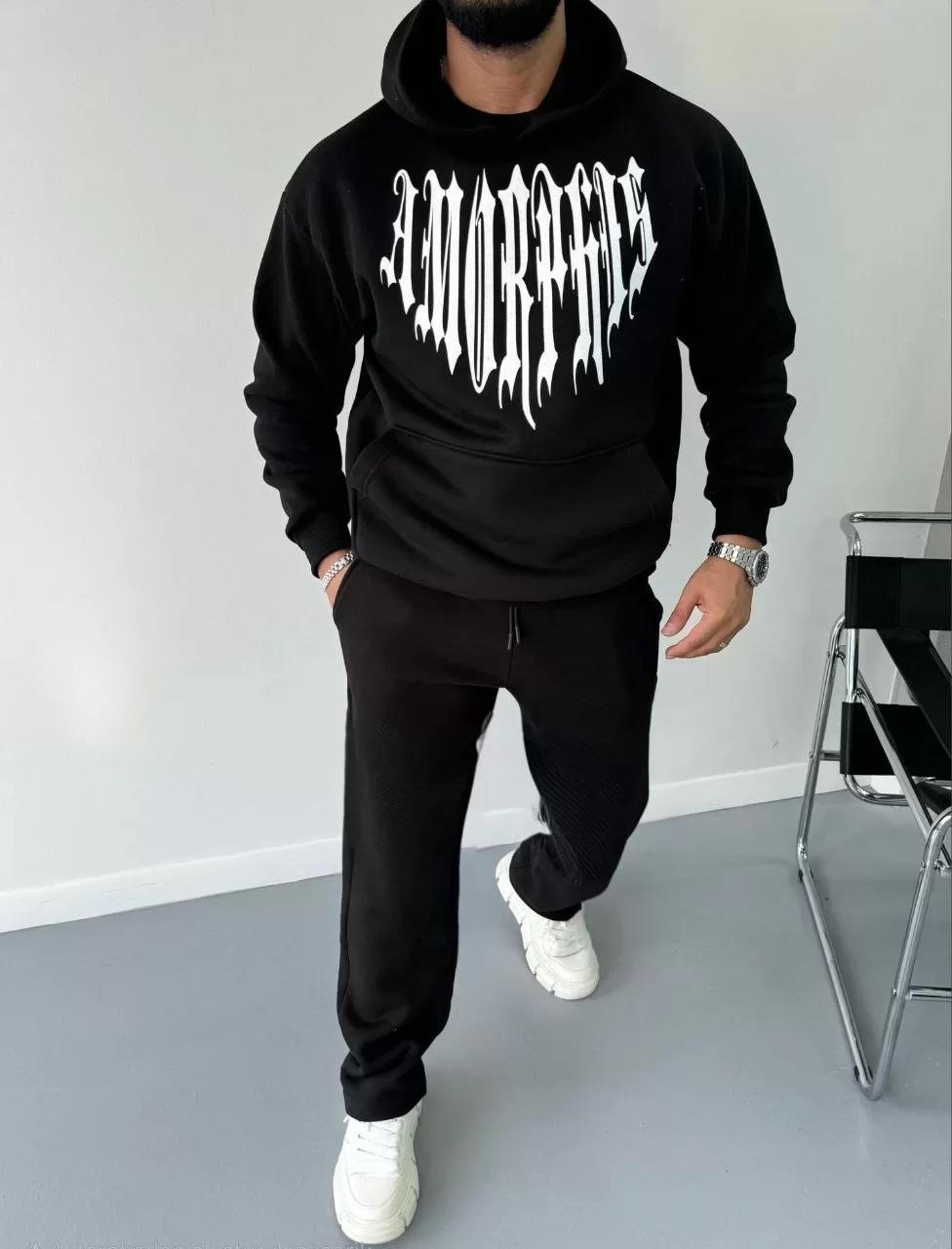 Uzun Kol Kapüşonlu Baskılı SweatShirt - Siyah