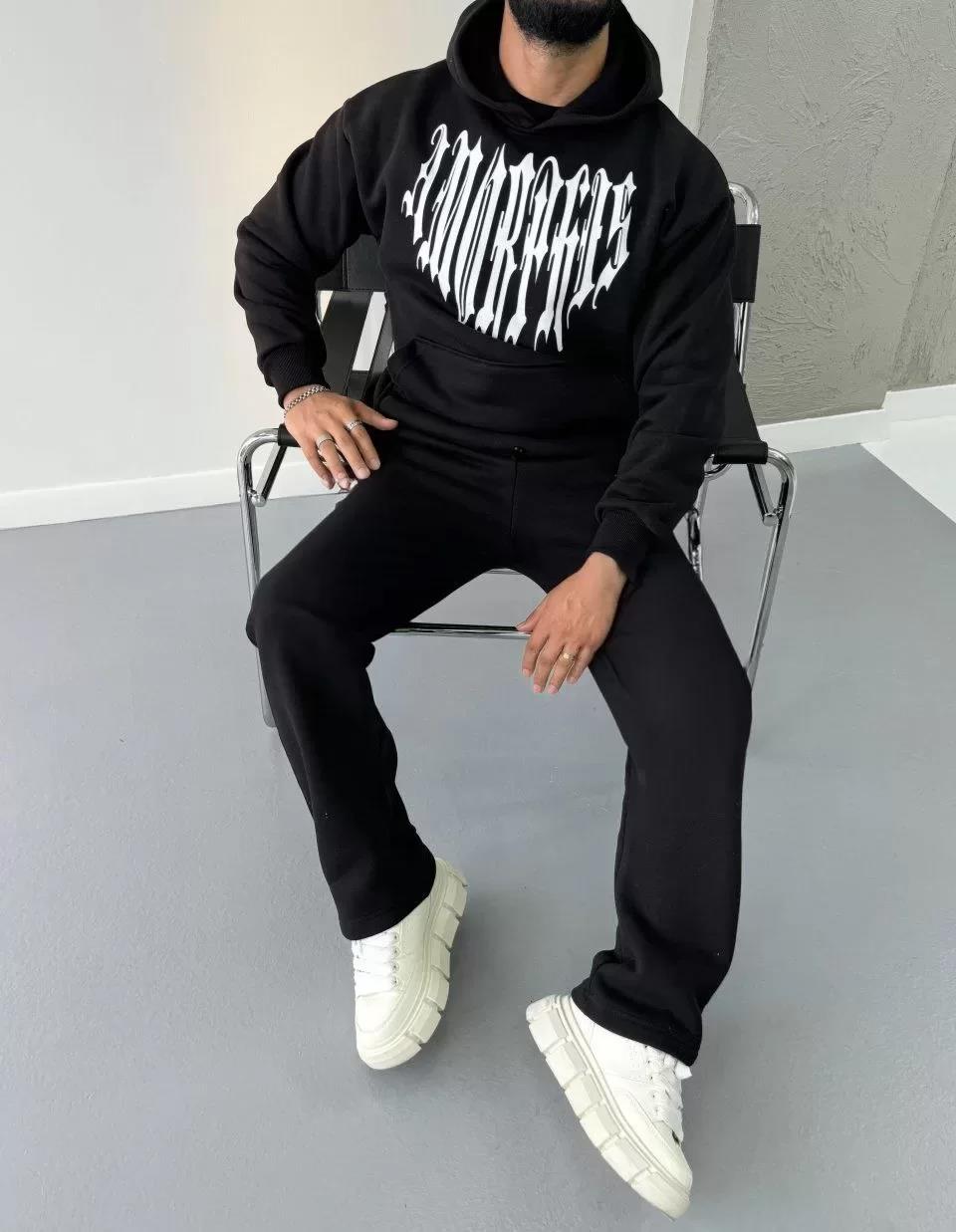 Uzun Kol Kapüşonlu Baskılı SweatShirt - Siyah