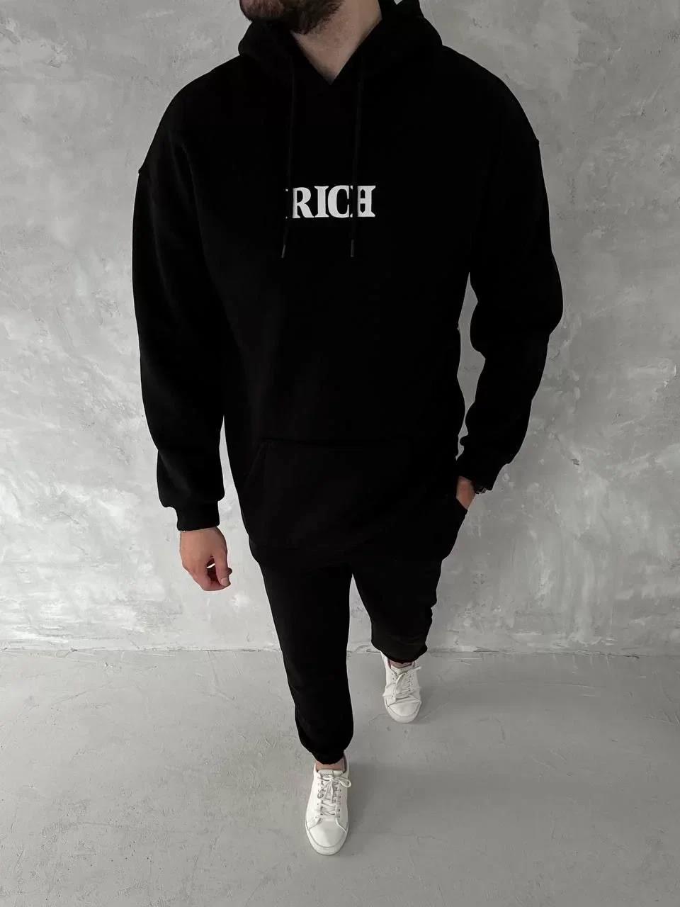 Uzun Kol Kapüşonlu Göğüs Baskılı SweatShirt - Siyah