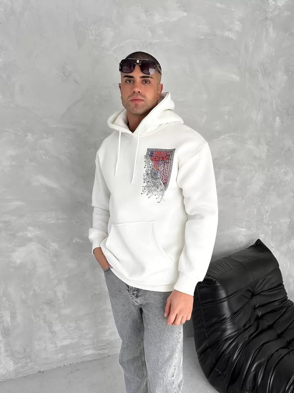 Uzun Kol Kapüşonlu Ön Ve Arka Baskılı SweatShirt - Beyaz