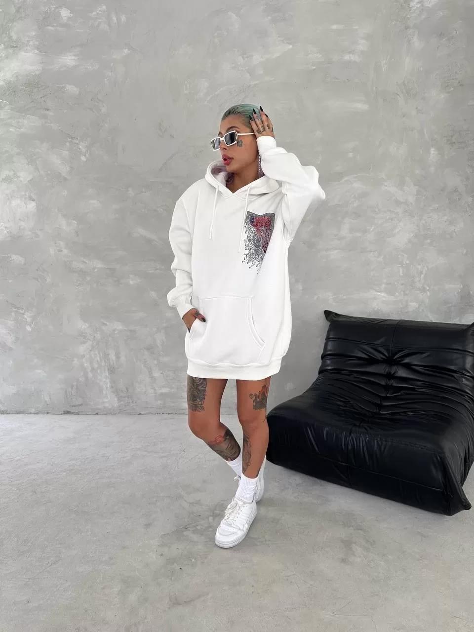 Uzun Kol Kapüşonlu Ön Ve Arka Baskılı SweatShirt - Beyaz