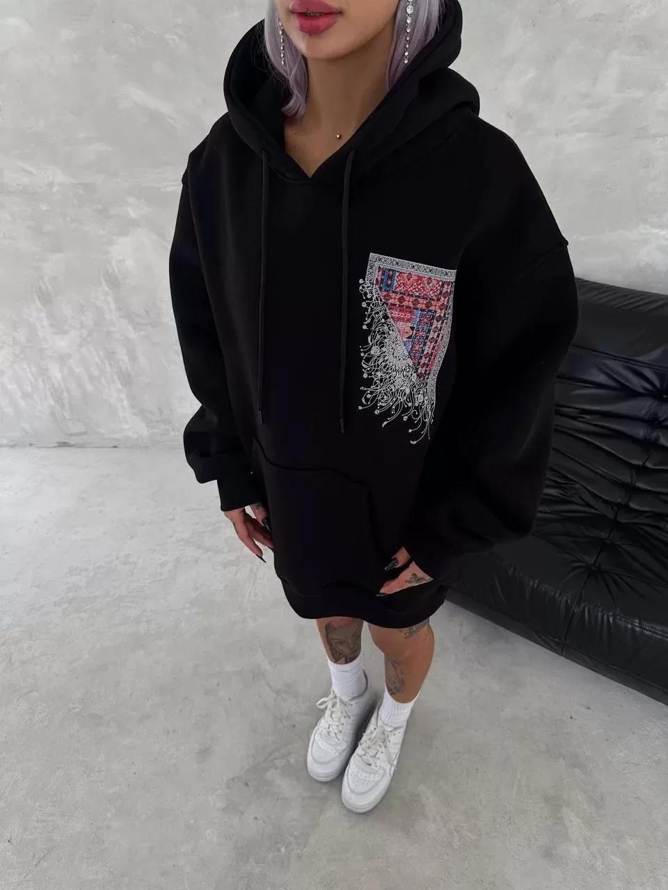Uzun Kol Kapüşonlu Ön Ve Arka Baskılı SweatShirt - Siyah