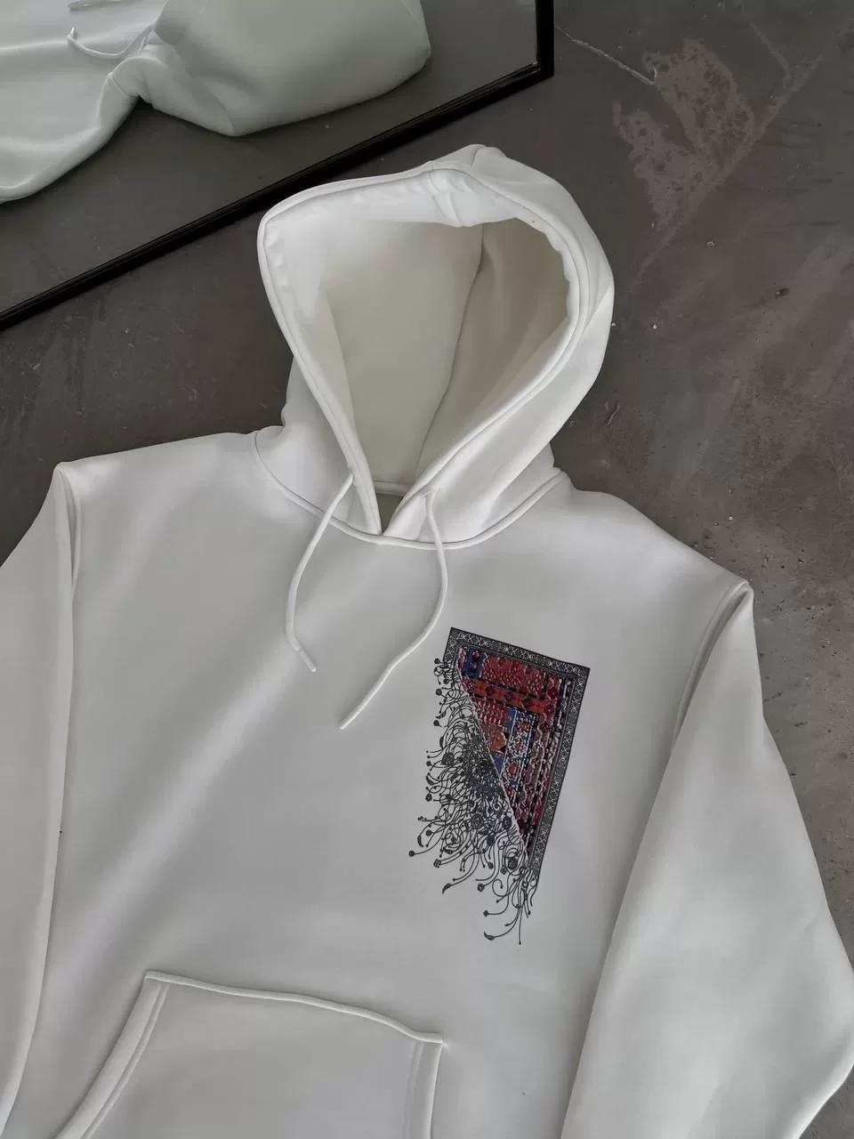 Uzun Kol Kapüşonlu Ön Ve Arka Baskılı SweatShirt - Beyaz