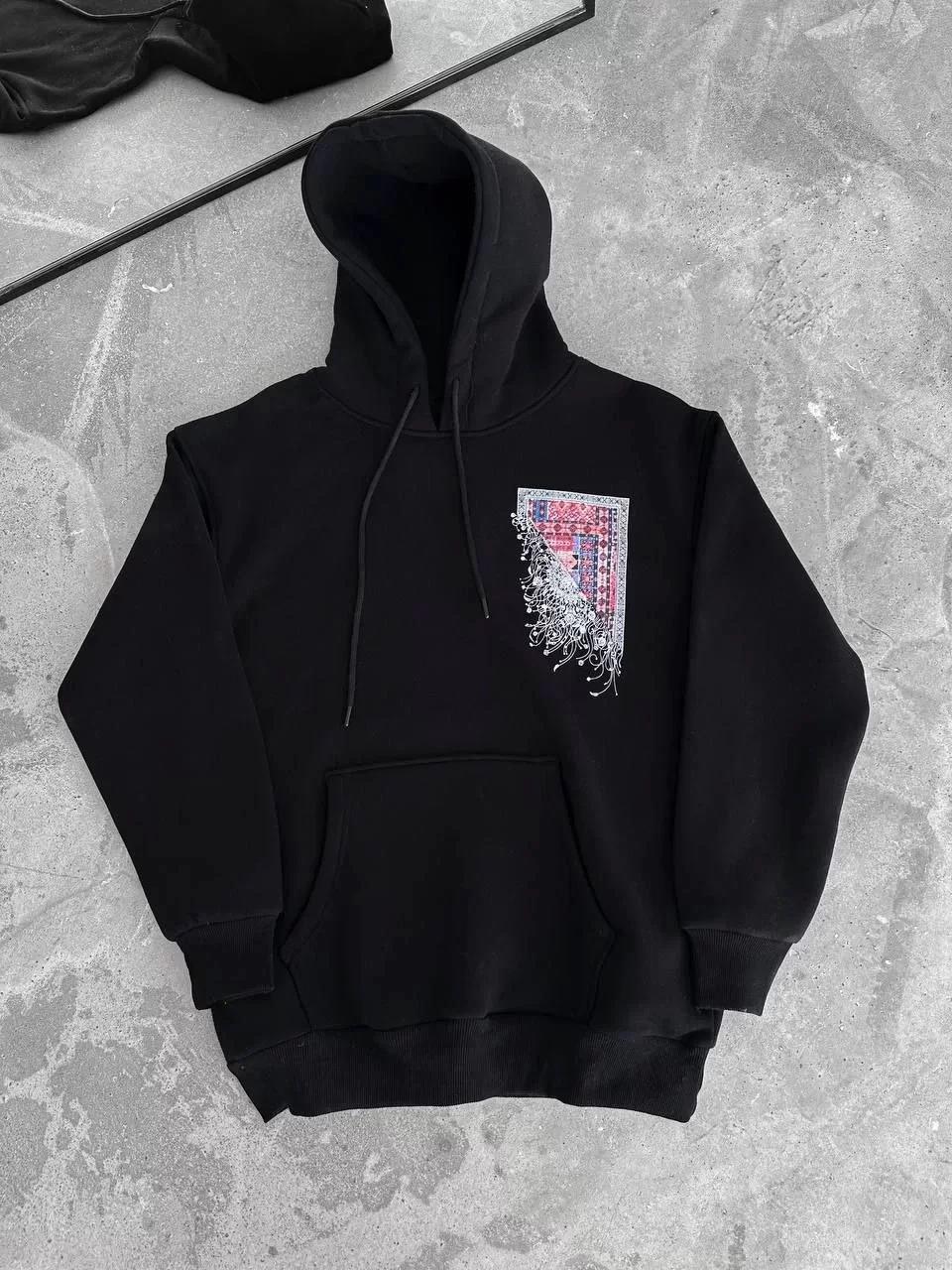 Uzun Kol Kapüşonlu Ön Ve Arka Baskılı SweatShirt - Siyah