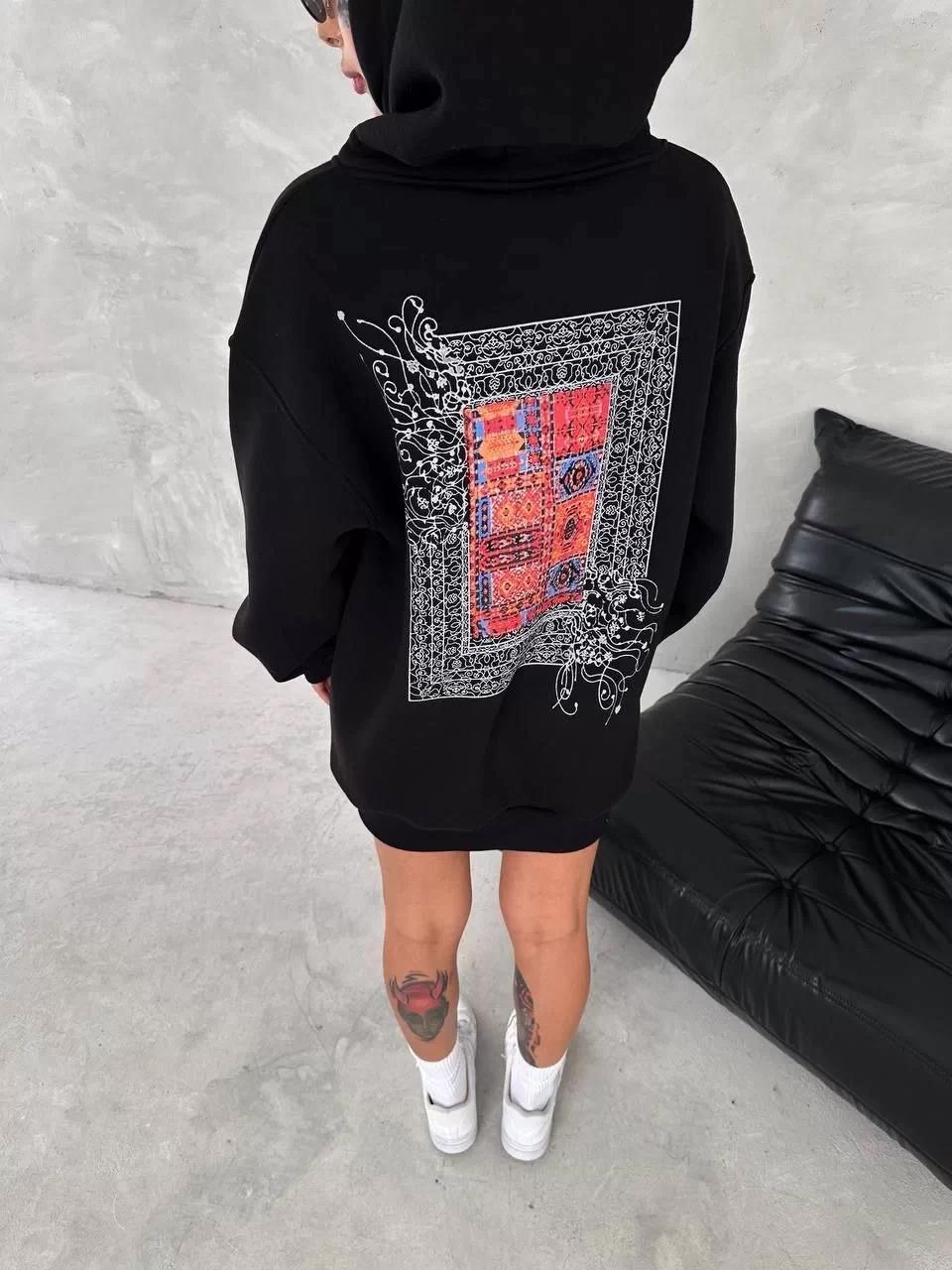 Uzun Kol Kapüşonlu Ön Ve Arka Baskılı SweatShirt - Siyah