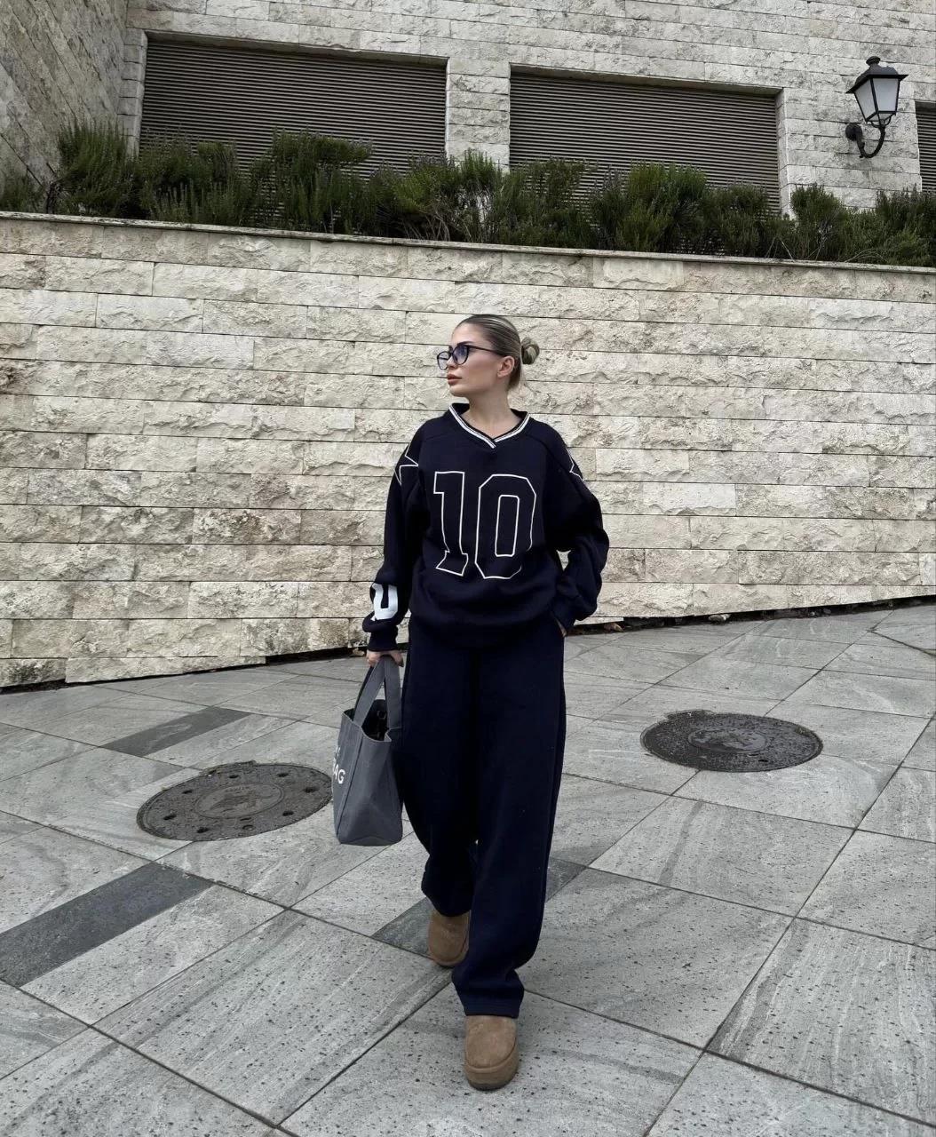 V Yaka Üç İplik Sweat Takım - Siyah