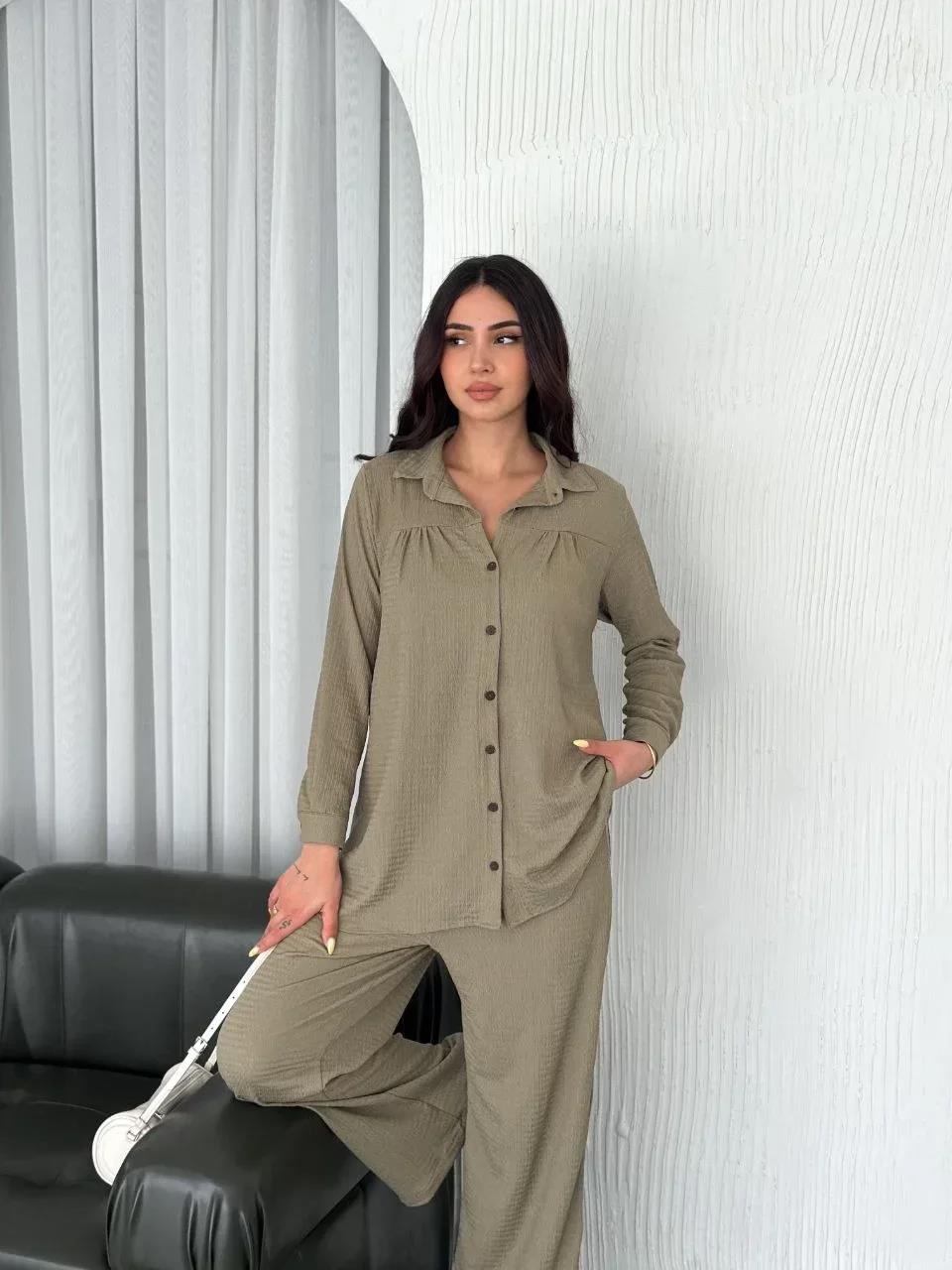Yakalı Düğmeli Uzun Kollu Gömlek Pantolon ikili Takım - Bej