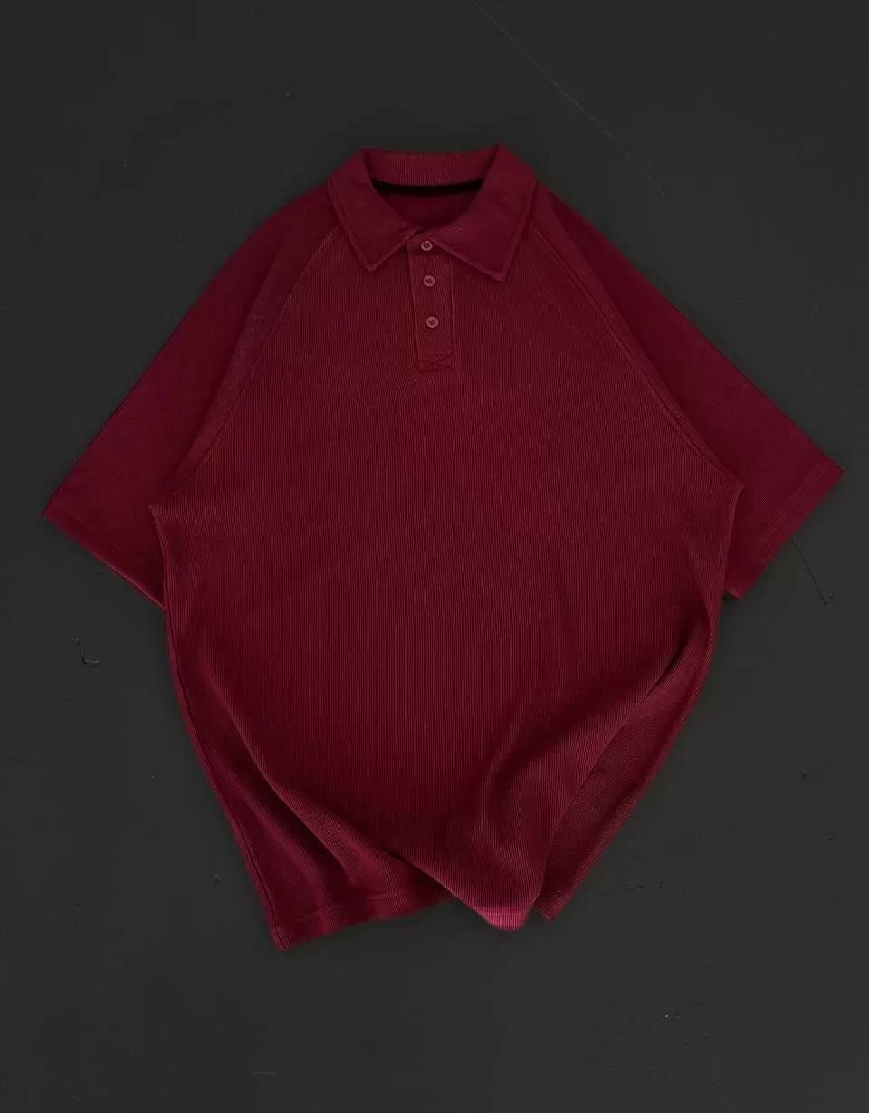Yakalı Patlı Kısa Kol T-shirt - Bordo