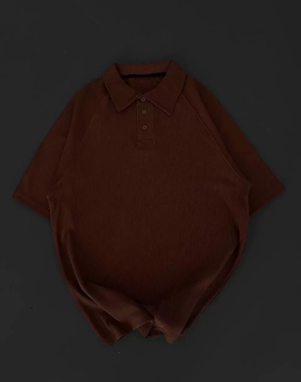 Yakalı Patlı Kısa Kol T-shirt - Kahverengi