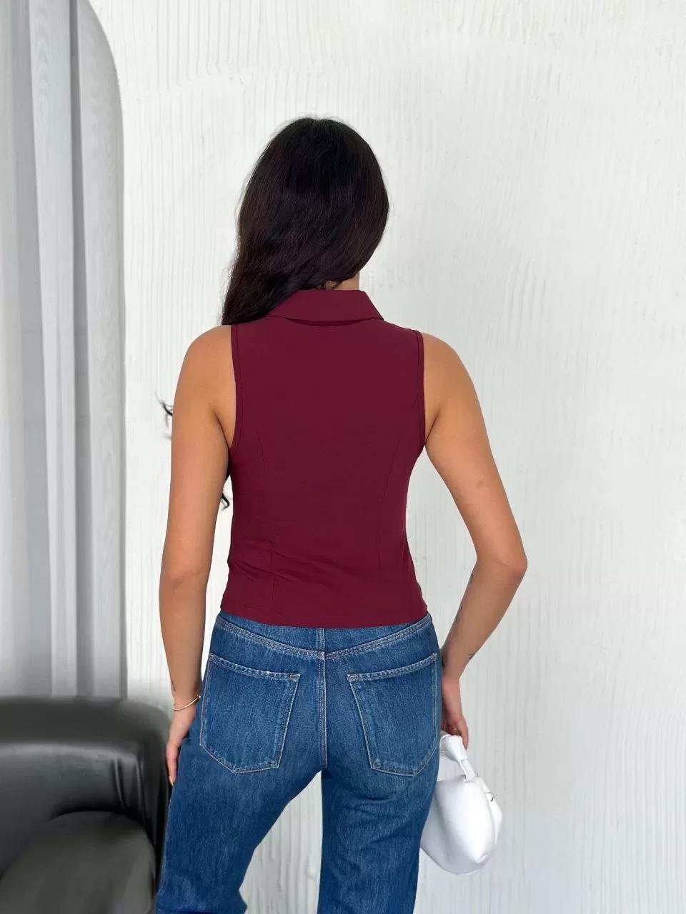 Yakalı Tam Fermuarlı Kolsuz Bluz - Bordo