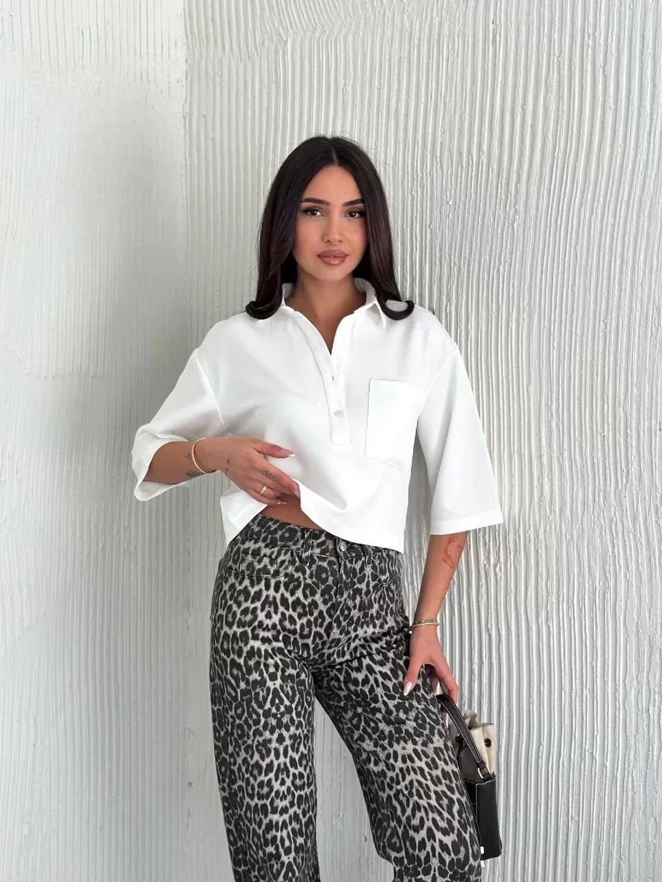 Z Krep Kadın Crop Yakalı Gömlek İlik Düğmeli Üç Çeyrek Sleeve Kol - Beyaz