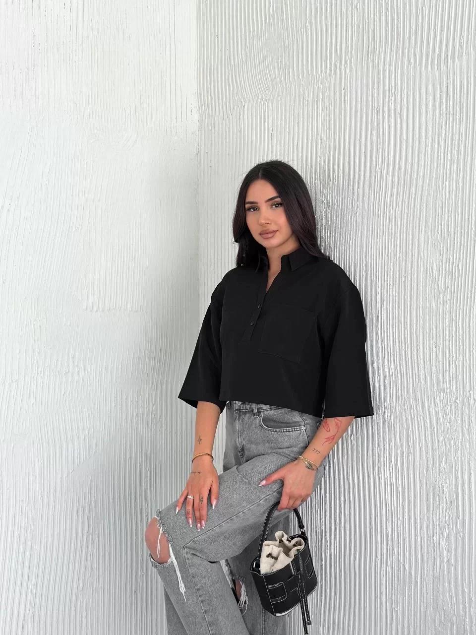 Z Krep Kadın Crop Yakalı Gömlek İlik Düğmeli Üç Çeyrek Sleeve Kol - Siyah