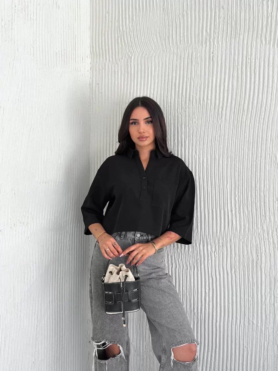 Z Krep Kadın Crop Yakalı Gömlek İlik Düğmeli Üç Çeyrek Sleeve Kol - Siyah