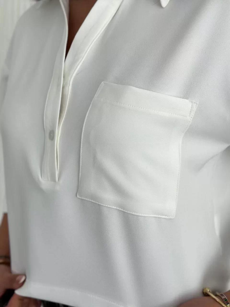 Z Krep Kadın Crop Yakalı Gömlek İlik Düğmeli Üç Çeyrek Sleeve Kol - Beyaz