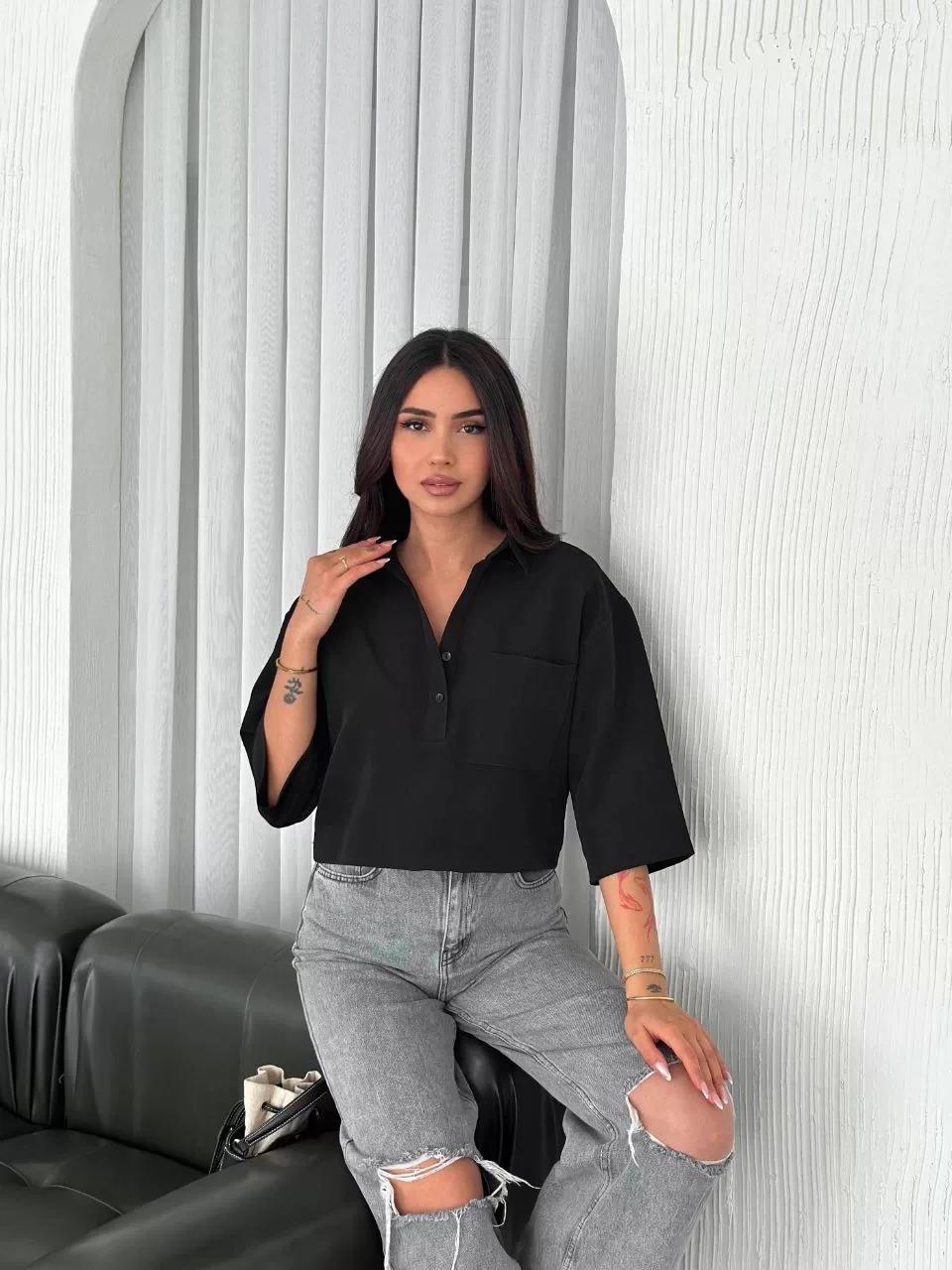 Z Krep Kadın Crop Yakalı Gömlek İlik Düğmeli Üç Çeyrek Sleeve Kol - Siyah