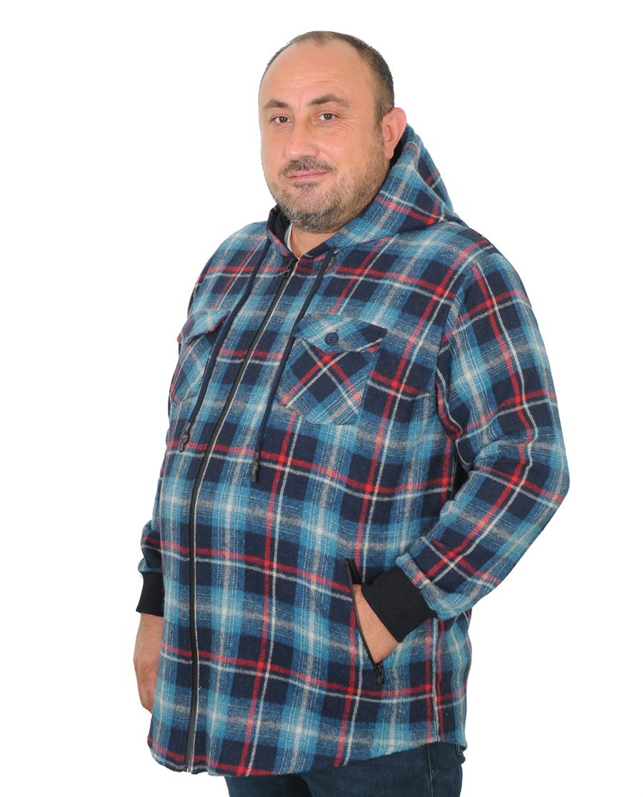 Büyük Beden Erkek Sweetshırt Oduncu Fermuarlı Kapşonlu  Çift Cep Kapaklı Lacivert 21300-4