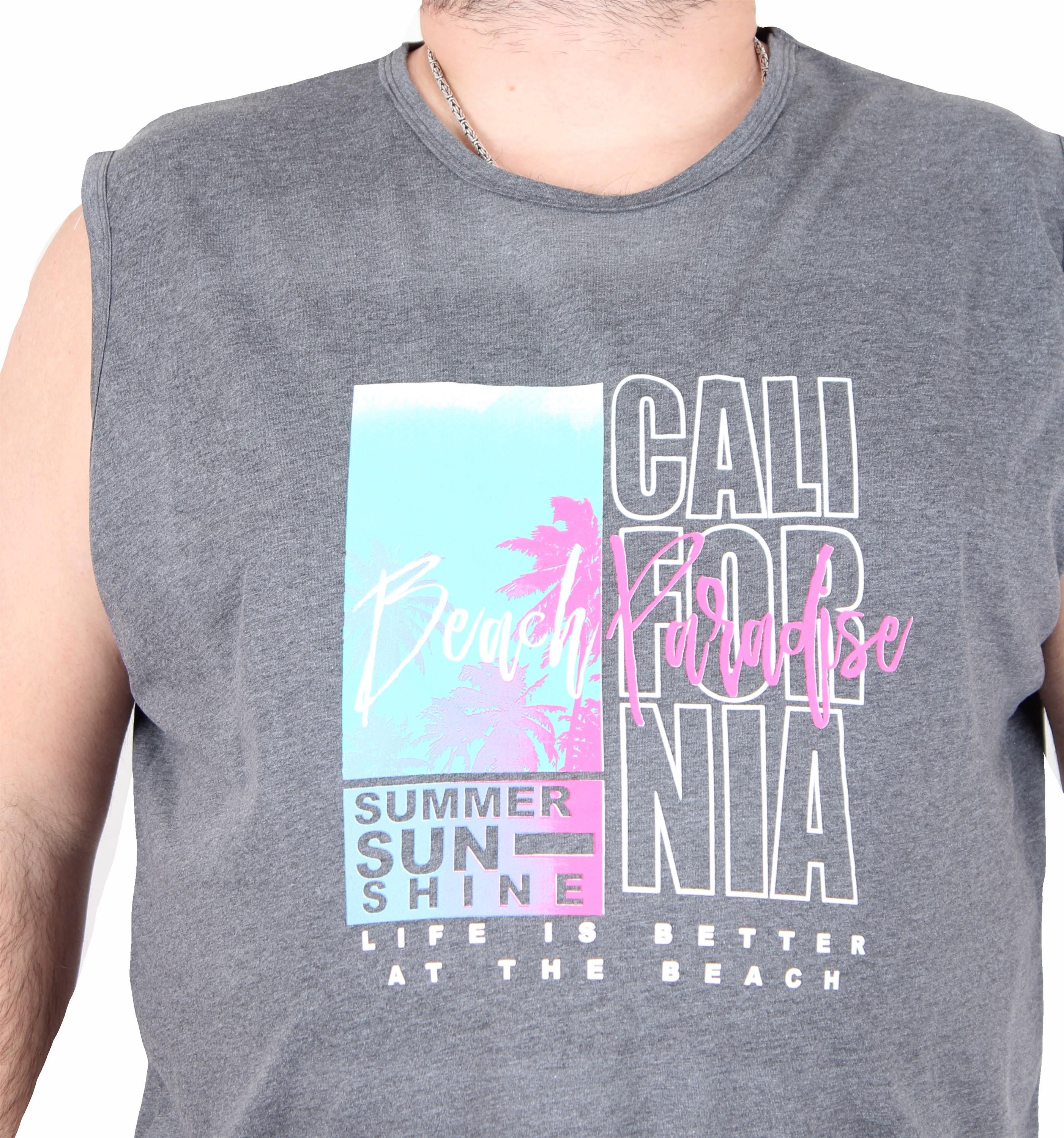 Mocgrande Büyük Beden Baskılı Kolsuz Tişört Beach Paradise 25151 GRI MELANJ