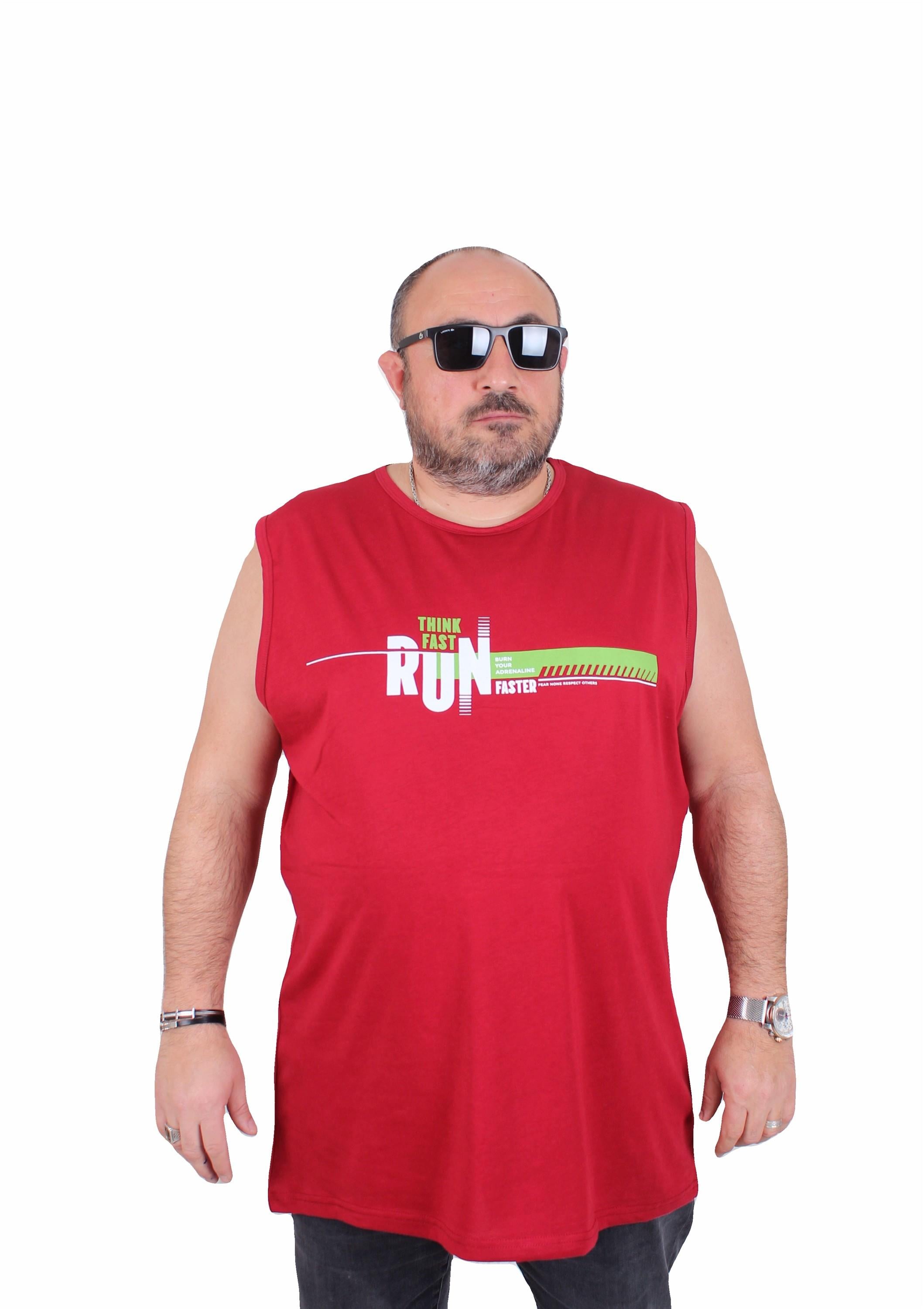 Mocgrande Büyük Beden Baskılı Kolsuz Tişört Think Fast Run 25152 BORDO