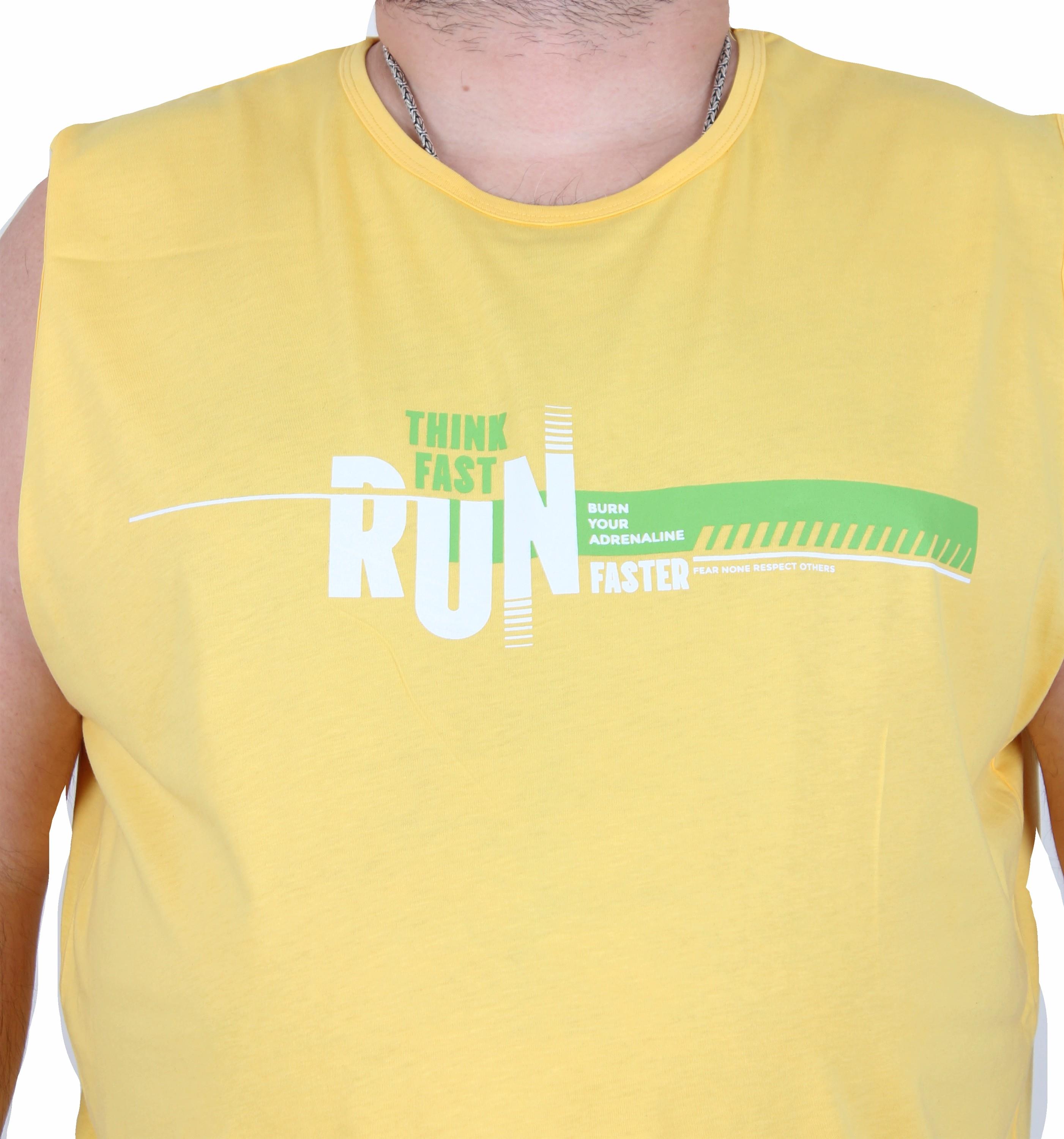 Mocgrande Büyük Beden Baskılı Kolsuz Tişört Think Fast Run 25152 SARI
