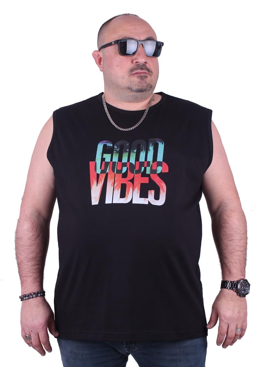 Mocgrande Büyük Beden Erkek Baskılı Kolsuz Tişört Good Vibes 23141 SIYAH