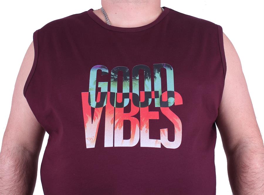 Mocgrande Büyük Beden Erkek Baskılı Kolsuz Tişört Good Vibes 23141 BORDO