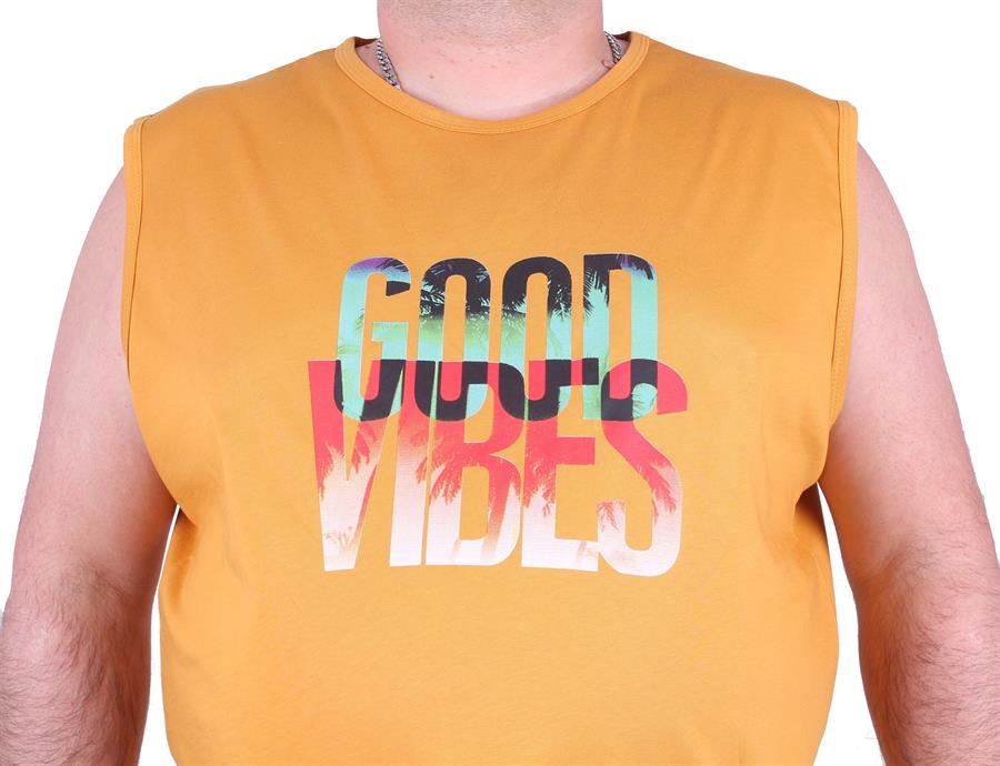Mocgrande Büyük Beden Erkek Baskılı Kolsuz Tişört Good Vibes 23141 HARDAL