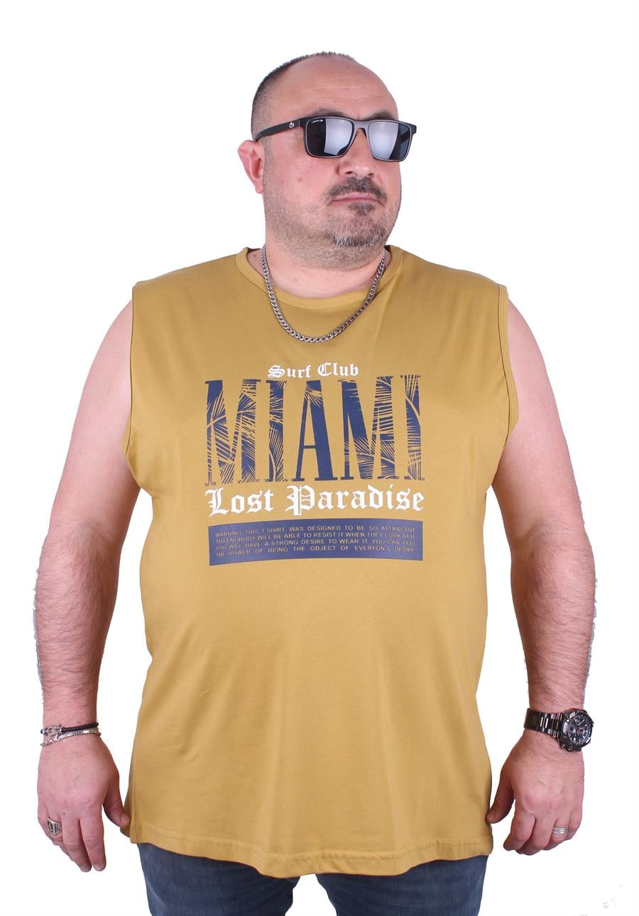 Mocgrande Büyük Beden Erkek Baskılı Kolsuz Tişört Miami 23143 HARDAL