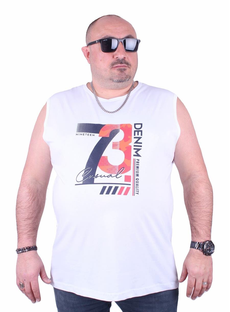 Mocgrande Büyük Beden Erkek Baskılı Kolsuz Tişört Casual 23142 BEYAZ