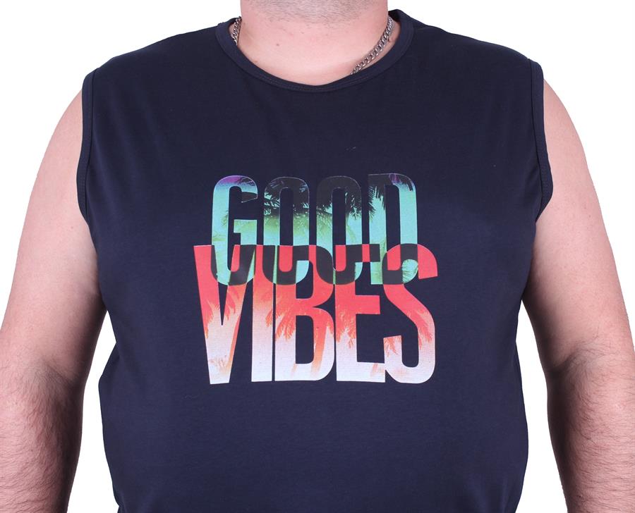 Mocgrande Büyük Beden Erkek Baskılı Kolsuz Tişört Good Vibes 23141 LACIVERT
