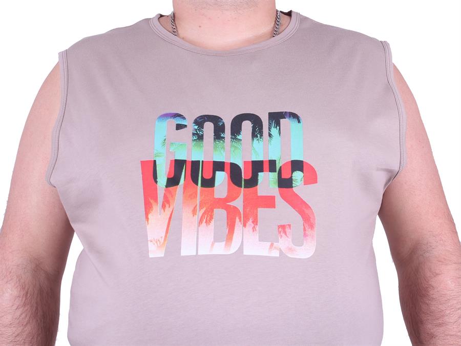 Mocgrande Büyük Beden Erkek Baskılı Kolsuz Tişört Good Vibes 23141 TOPRAK