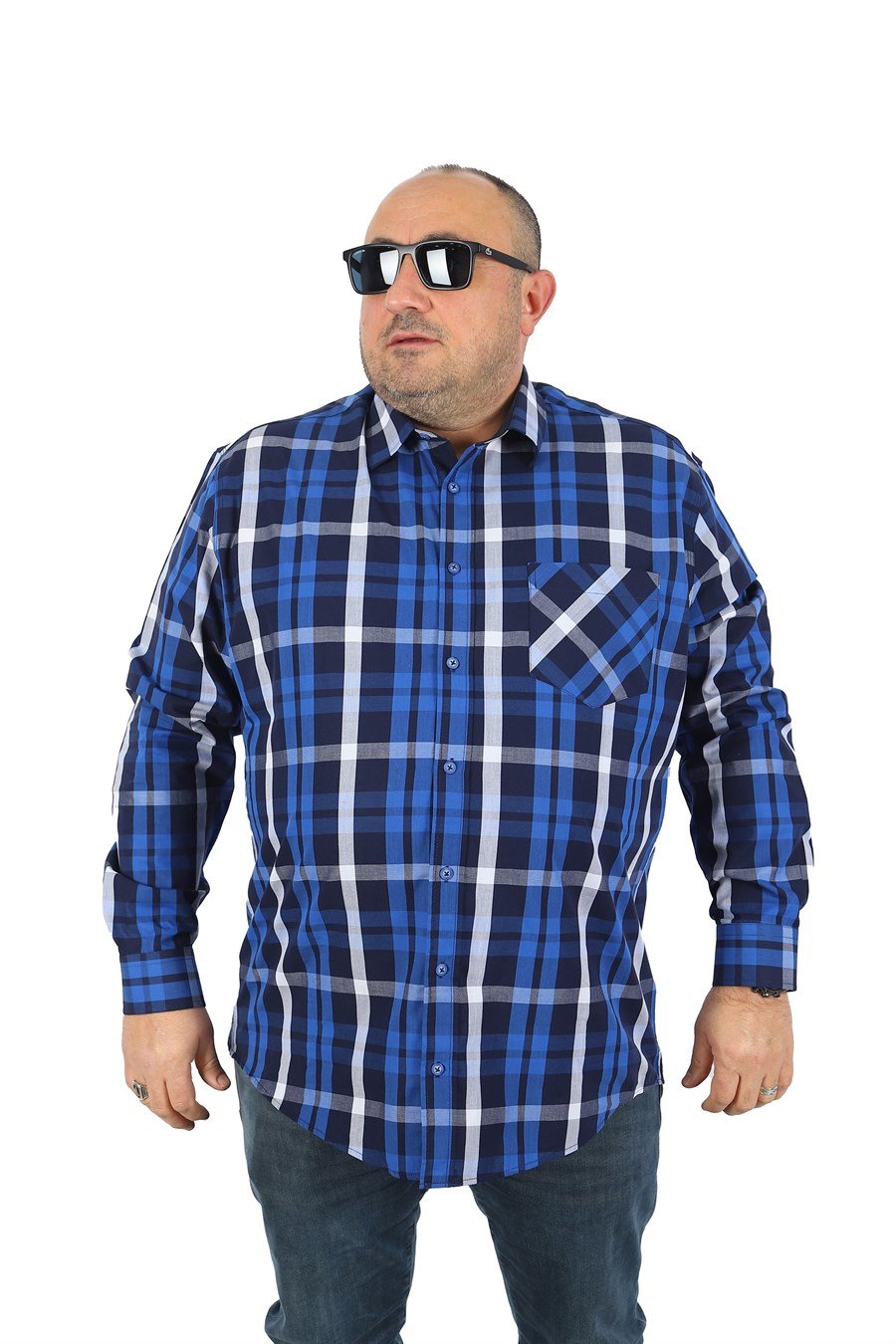 Mocgrande Büyük Beden Erkek Cepli Gömlek Colourful Square 23364 LACIVERT