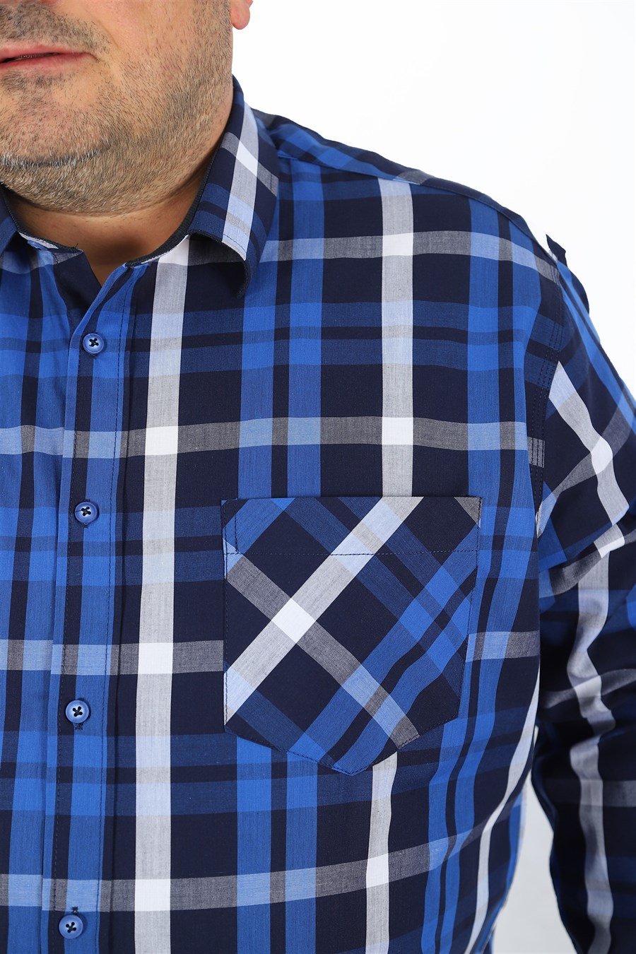 Mocgrande Büyük Beden Erkek Cepli Gömlek Colourful Square 23364 LACIVERT