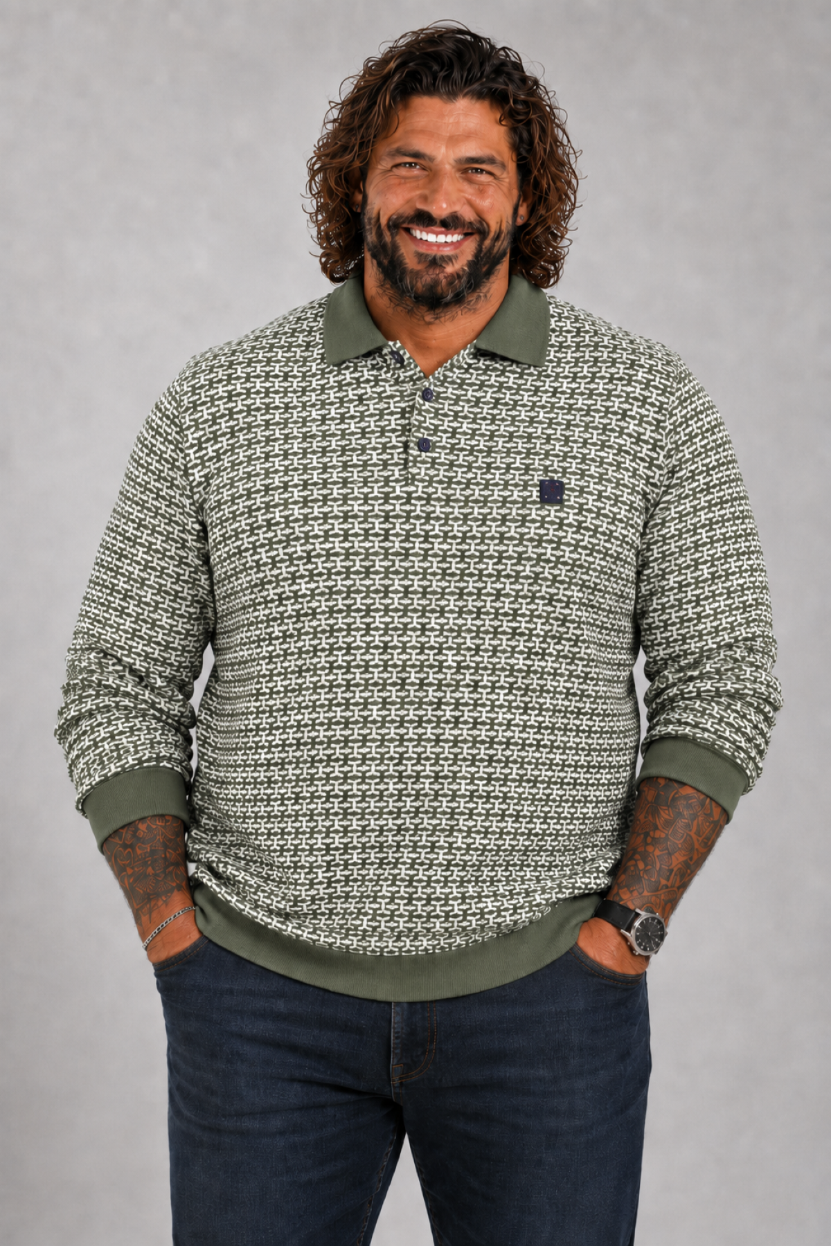 MocGrande Büyük Beden Erkek Sweatshirt Polo Yaka 22714 HAKI
