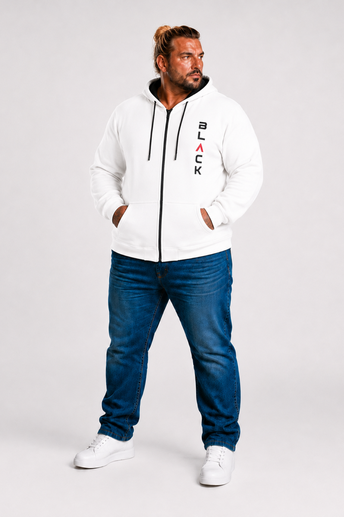 MocGrande Büyük Beden Kapüşonlu Fermuarlı 3ip Sweat Black 25716 BEJ