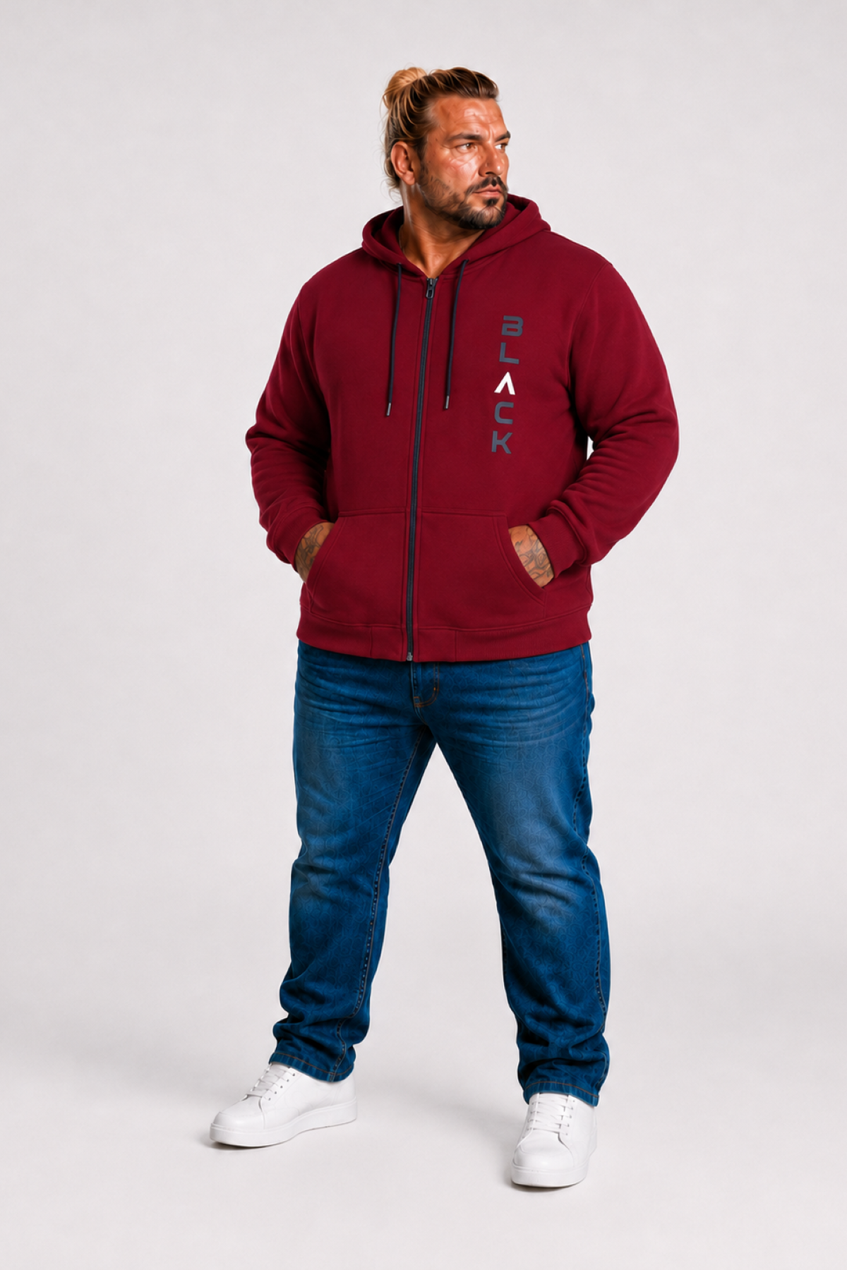 MocGrande Büyük Beden Kapüşonlu Fermuarlı 3ip Sweat Black 25716 MURDUM