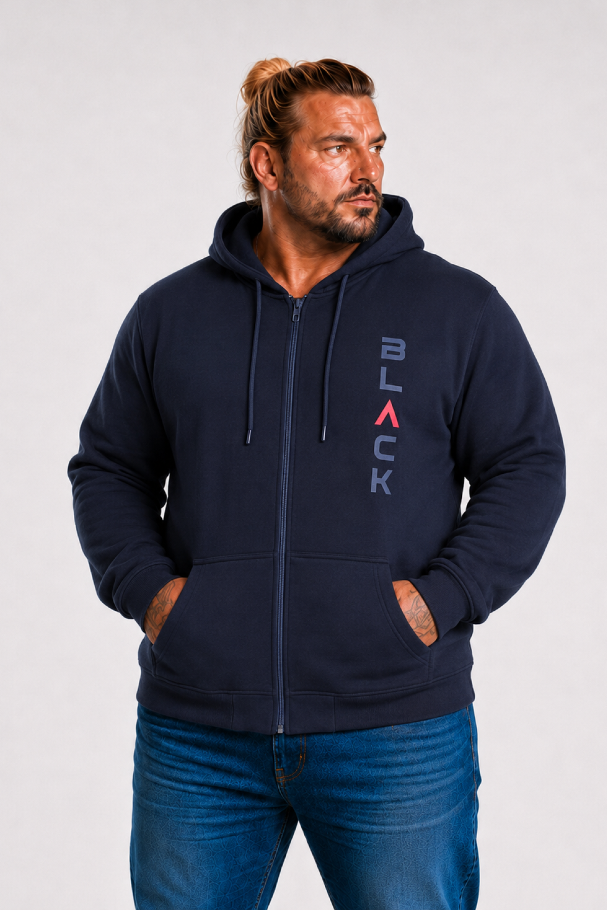 MocGrande Büyük Beden Kapüşonlu Fermuarlı 3ip Sweat Black 25716 LACIVERT